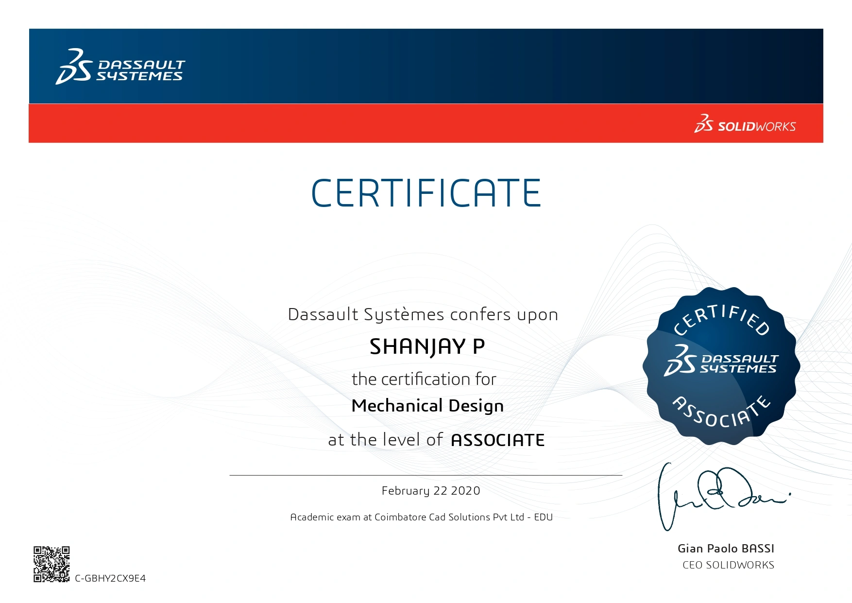 CSWA Certificate of Shanjay — Skyjet Academy Coimbatore